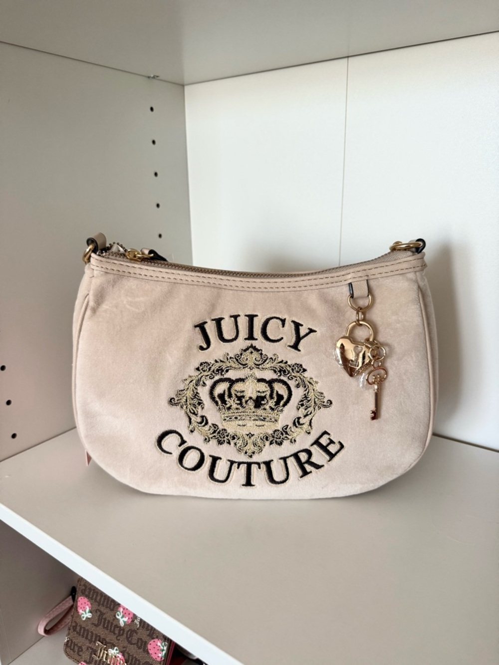 Juicy Couture “Falling For Juicy” Beige Velvet Logo Shoulder Bag